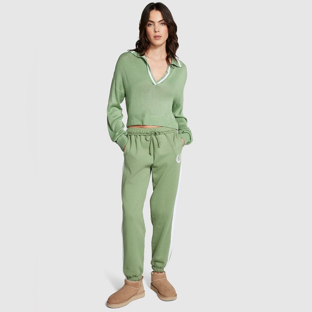 VS Pink sweatpants in Wild Grass green with white side stripe & PINK wreath logo